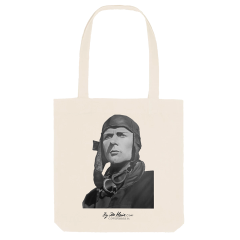 Cotton canvas totebag with black and white illustration of pilot Charles Lindbergh by Ida Marie
