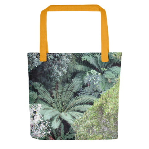 Ferns and rainforest on tote bag with yellow handle, photo by Ida Marie